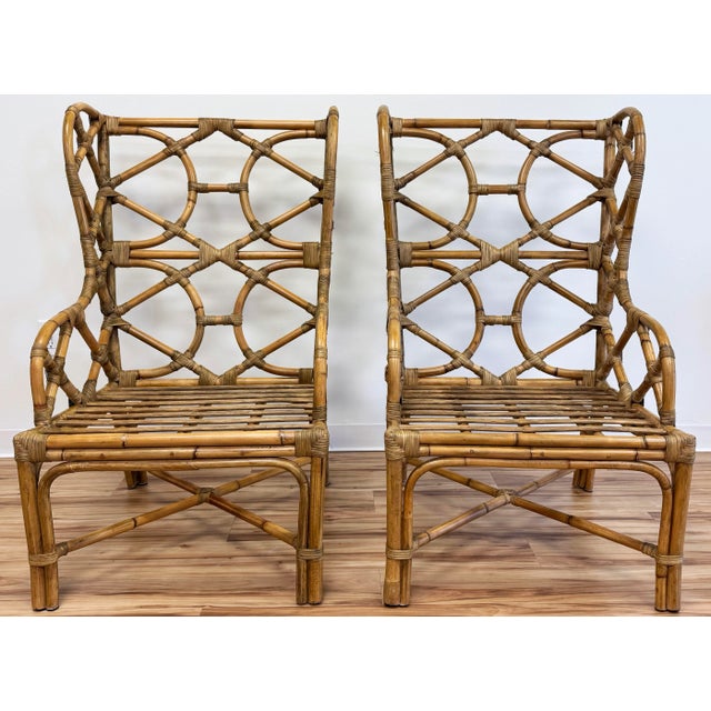 Brown Rattan Fretwork Wingback Chairs, a Pair For Sale - Image 8 of 13