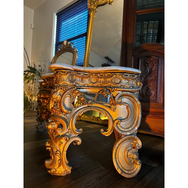Wood Antique French Louis XV Giltwood Pier Mirror With Marble Top Console – Rococo For Sale - Image 7 of 8