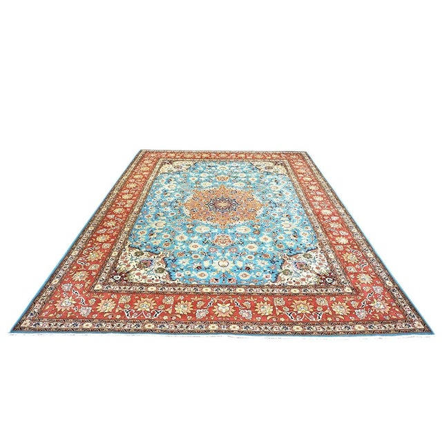 1940s Antique Persian Tabriz Emad Wool 10x13 Light Blue & Red Handmade Area Rug #9902217 For Sale - Image 5 of 9