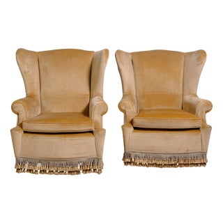 Set of Highback Armchairs in Beige Velvet with Wooden Legs, 1970s For Sale