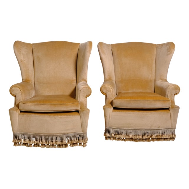 Set of Highback Armchairs in Beige Velvet with Wooden Legs, 1970s For Sale