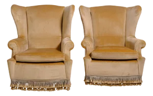Set of Highback Armchairs in Beige Velvet with Wooden Legs, 1970s