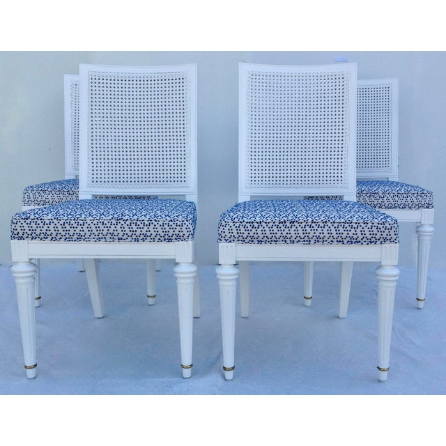 Transitional Vintage White Neoclassical Double-Caned, Straight-Back Armless Dining Chairs, Newly Refinished & Upholstered - Set of 4 For Sale - Image 3 of 14