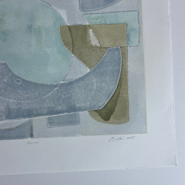 Original Geometric Monotype Artwork, Unframed Pastel blue and greens Artist signed Merrill Bullis