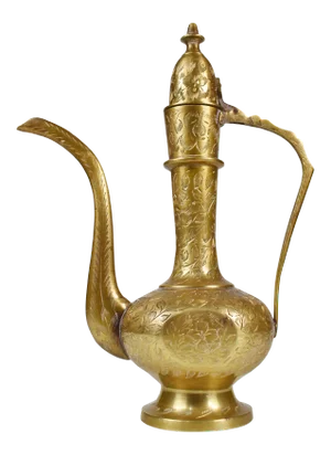 Vintage Mid 20th Century Solid Brass Hand Etched Engraved Ewer Pitcher