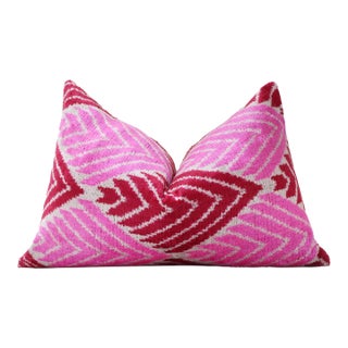 Hand-Knotted Silk Velvet Ikat Lumbar Pillow - 16x24 Fuchsia & Raspberry For Sale