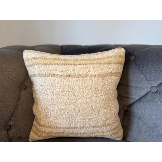 1980s Vintage Turkish Hemp Pillow, Natural Striped Beige Camel Cushion, Handwoven Anatolian Pillow With Insert, 16x16 In For Sale - Image 5 of 7