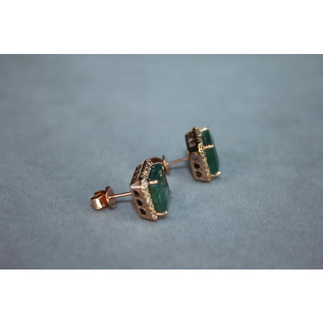 Emerald Cut Green Emerald Diamond Halo Stud 18k Rose Gold Earrings, A Pair For Sale - Image 14 of 18