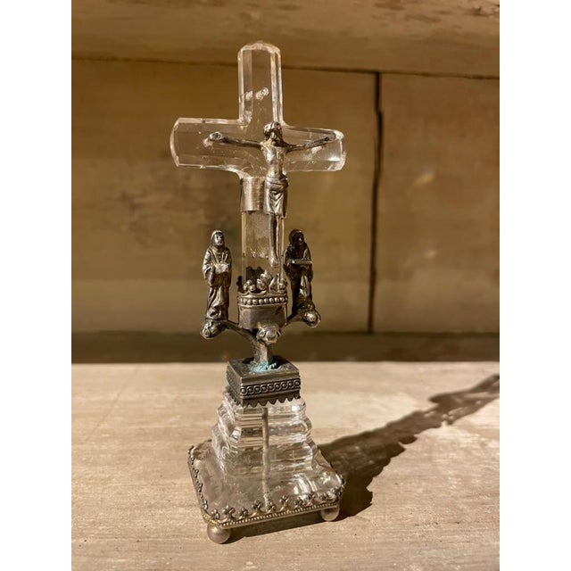 18th Italian Baroque carved rock crystal crucifix with silver Corpus of Christ flaked by male and female attendants on...