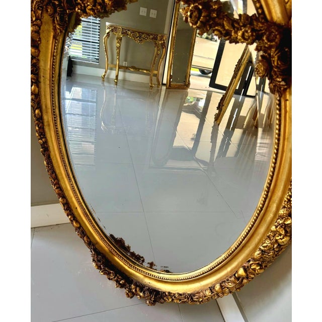 Gold Italian Oval Wall Mirror – Gold Leaf Frame With Flowers For Sale - Image 8 of 9