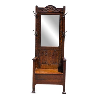 Antique Arts & Crafts Quartersawn Oak Carved Hall Tree Bench W/ Mirror For Sale