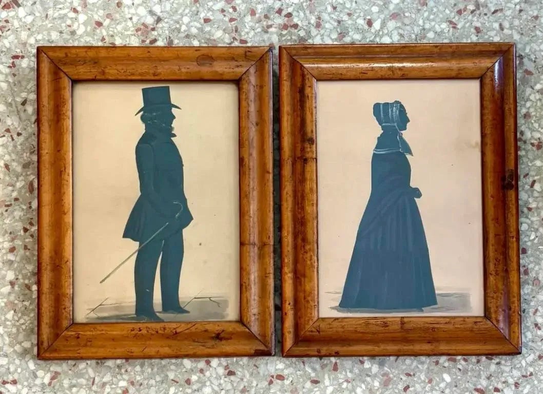 Vintage Boho Silloutte Drawing in Burled Wood Frame - Back view