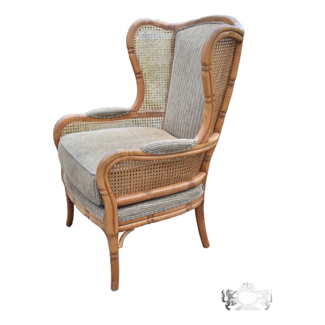 Vtg. Ethan Allen Tommy Bahama Style Cane Wingback Chair W/Herringbone Fabric For Sale