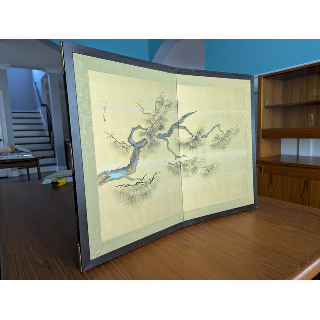 Japanese Vintage Japanese 2-Panel Tabletop Byōbu Screen, Gold Leaf & Pearl Inlay Pine — 1970s For Sale - Image 3 of 7
