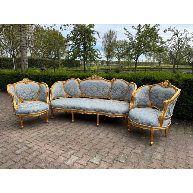 1940 European Louis XVI Gold Beech Sofa Set - 3 Pc For Sale - Image 10 of 18
