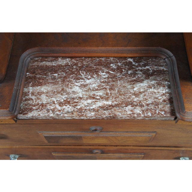 Late 19th Century Antique Victorian Carved Walnut Step Back Dresser Chest Marble Glove Box Drawers For Sale - Image 6 of 12
