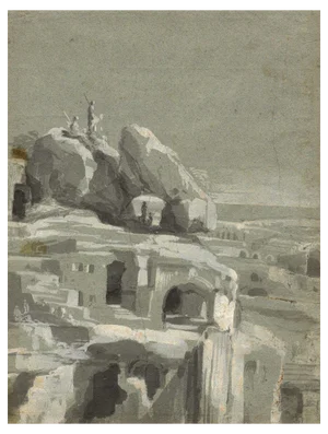 All India, Rock Cave Dwellings with Spearsmen, Early 1800s, Grisaille Wash Drawing