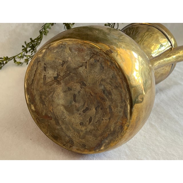 Large Antique Hand Crafted Arabian Dallah Coffee Urn 16" Middle Eastern Brass Plated Coffee Pot Hinged Lid Hand Woven Leather Handle Worn For Sale - Image 15 of 15