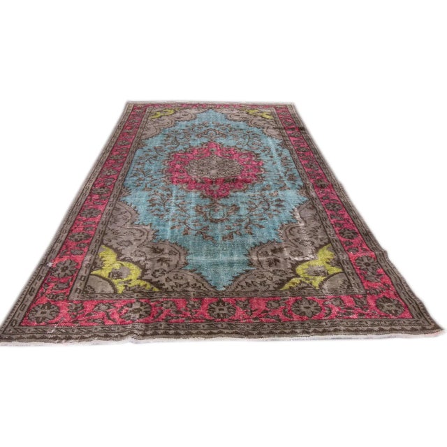 Vintage Turkish Revival Overdyed Handmade Sky Blue Medallion Wool Rug For Sale - Image 4 of 8