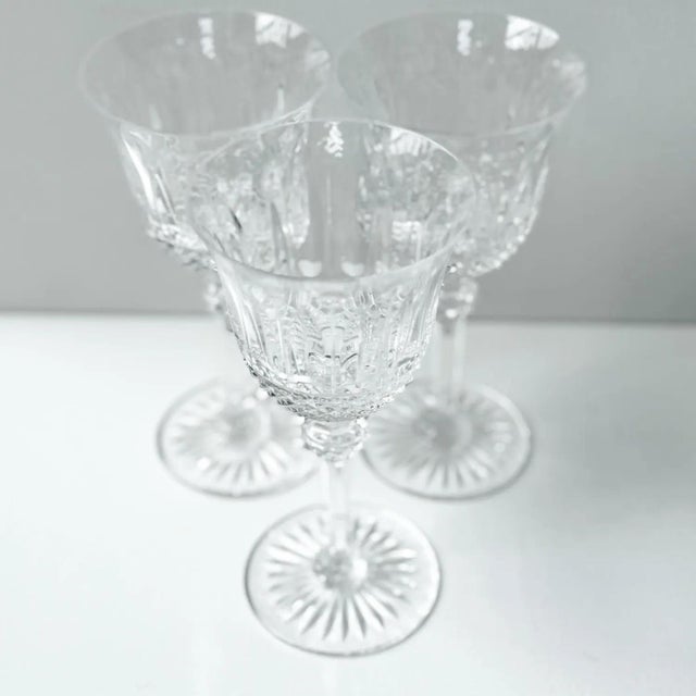 Set of 3 vintage cut Saint Louis crystal 'Tommy' claret glasses Features a striking diamond cut base and fluted upper bowl...