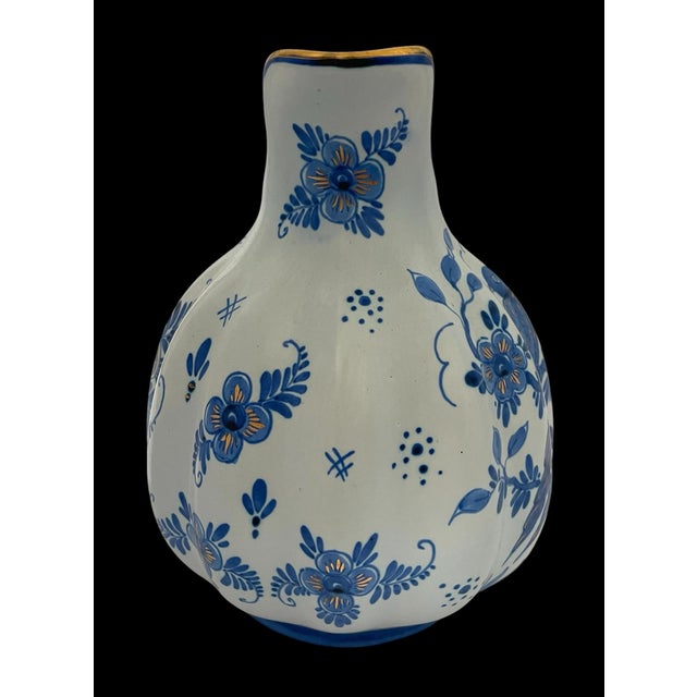 Figurative Rare Vintage Blue Gold Delvo Holland Delft Handpainted Water Pitcher Pottery Bird For Sale - Image 3 of 6