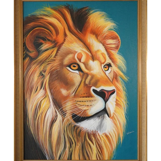 Contemporary Contemporary"The Watchful King" Contemporary Wildlife Painting by Edison Byarugaba, Framed For Sale - Image 3 of 3