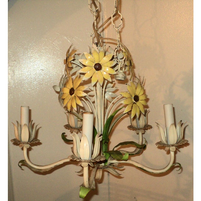 French Vintage French Italian Tole Metal Painted Daisy Chandelier For Sale - Image 3 of 9