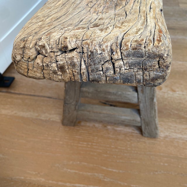 Light Gray Vintage Rustic Reclaimed Elm Wood Low Bench For Sale - Image 8 of 12