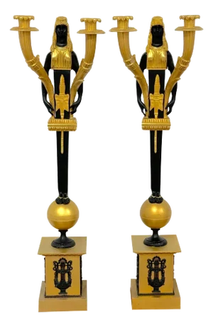 Empire Style Egyptian Caryatid Two-Light Ormolu & Patinated Candelabra - a Pair