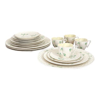 Vintage Belleek Shamrock Basketweave Dinnerware Service for 4 - 20 Pieces For Sale