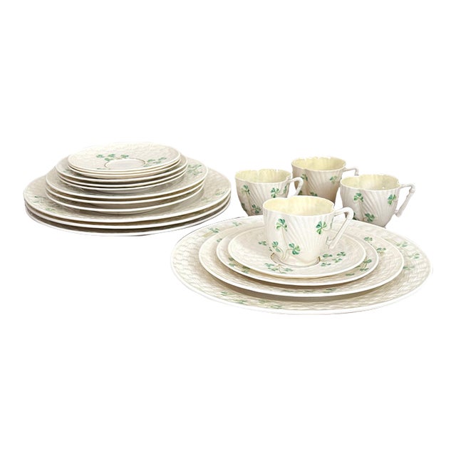 Vintage Belleek Shamrock Basketweave Dinnerware Service for 4 - 20 Pieces For Sale