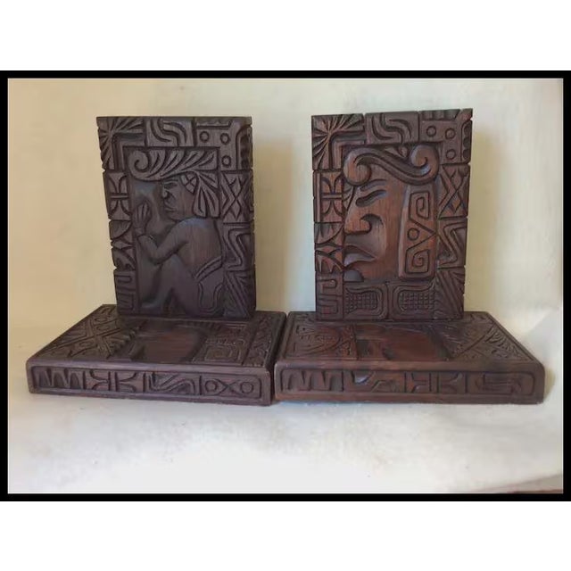 1960s Mid Century Modern Honduran, Mayan Theme Hand Carved Bookends For Sale - Image 4 of 6