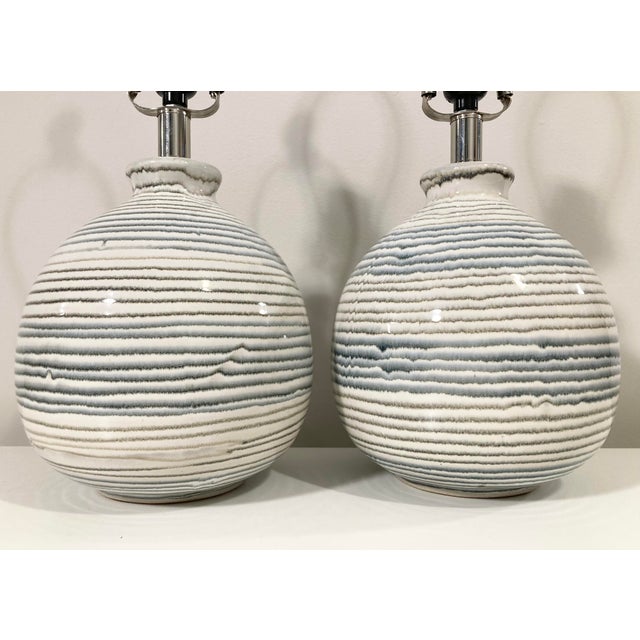 Mid-Century Modern Coastal Striped Ceramic Ball Lamps - A Pair For Sale - Image 3 of 9