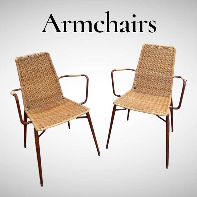 Stitched Leather and Rattan Armchairs by Jacques Adnet, 1950s, Set of 2 For Sale - Image 6 of 10