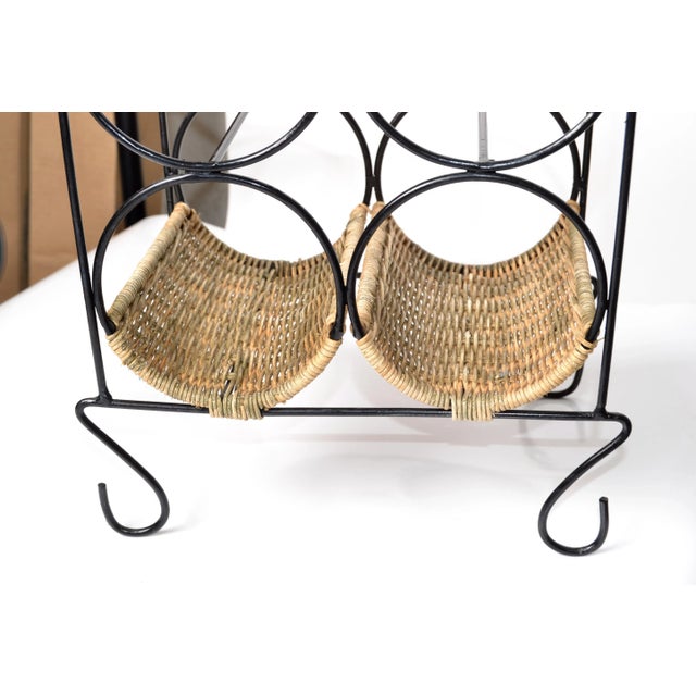 Wood Vintage Boho Chic Wrought Iron Wicker 5 Bottle Wine Rack Stand Caddy For Sale - Image 7 of 11
