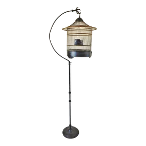 Vintage Mid Century Black Wrought Iron & Brass Clipper Ship Hanging Bird Cage on Stand W/ Bird Claw Hook