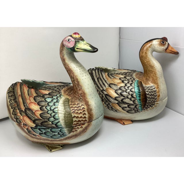 Traditional Rare Set of Vintage Mottahedeh Polychrome Geese Tureens For Sale - Image 3 of 5