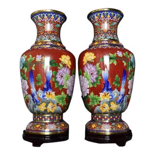 Pair of Monumental Chinese Cloisonné Vases | Gilt Floral & Bird Motif With Stands For Sale