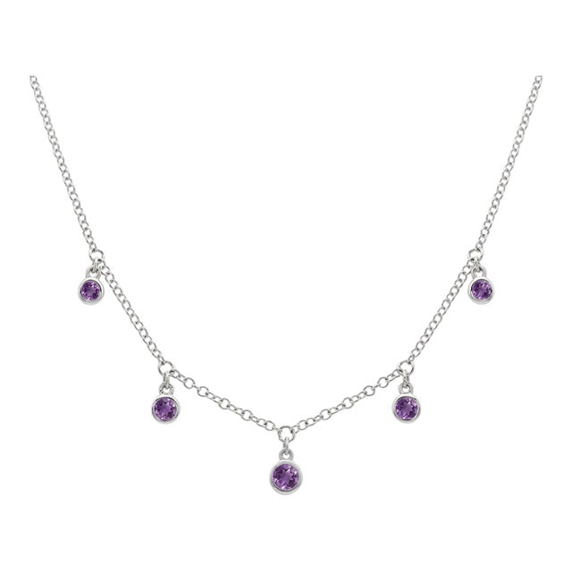 Dainty Amethyst Station Necklace, 925 Silver Chain & Link Purple Gemstone Necklace For Sale