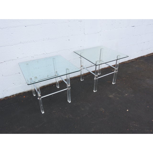 Hollywood Regency Lucite Acrylic Glass Top Pair of Side Tables 6592 For Sale - Image 16 of 18