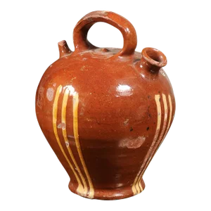 Rustic French 19th Century Pottery Jug with Russet Ground and Yellow Stripes