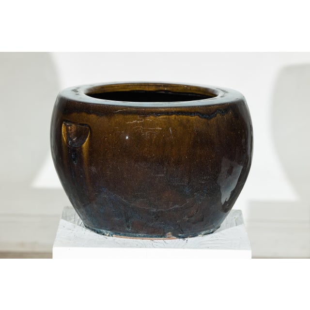 Ceramic Vintage Chinese Brown and Blue Glazed Ceramic Planter with Rounded Form For Sale - Image 7 of 18