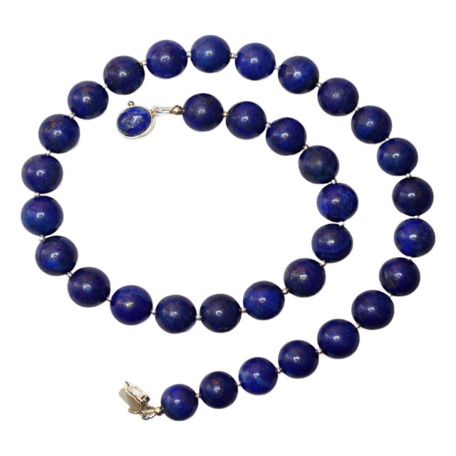 Lapis Lazuli Beaded Necklace With Sterling Silver Lapis Clasp, 17.5 Inches For Sale