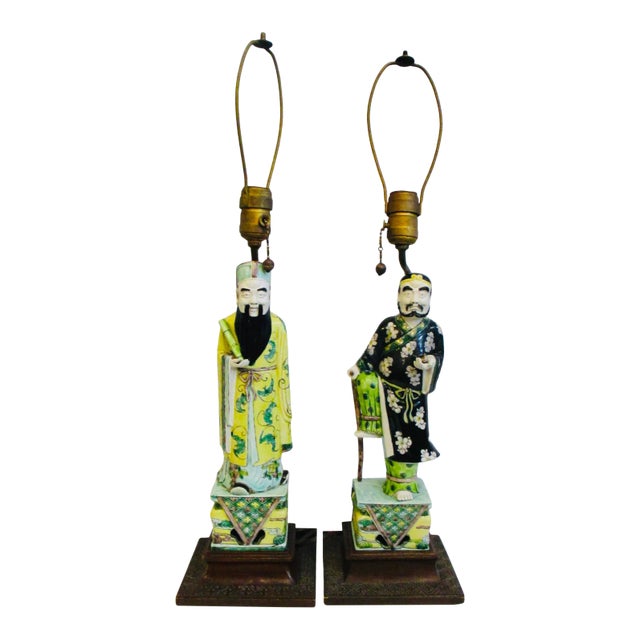 1930s Chinese Porcelain Figures on Art Deco Wooden Bases - Set of 2 For Sale