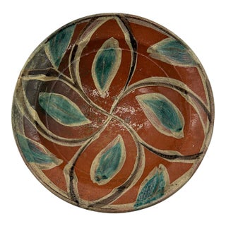 19th Century Spanish Glazed Terracotta Lebrillo Bowl With Swirling Leaf Motif - 11" For Sale