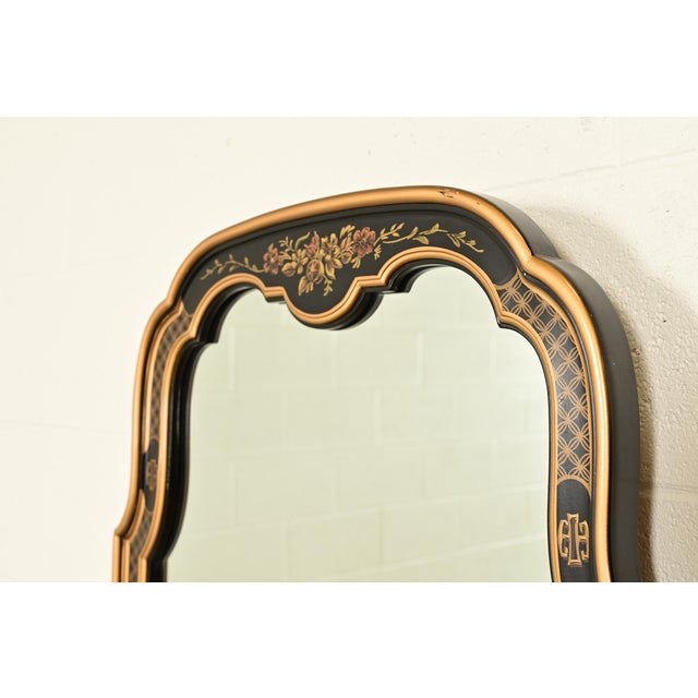 Drexel Heritage Hollywood Regency Chinoiserie Hand-Painted Black Lacquered Tall Wall Mirror For Sale In South Bend - Image 6 of 12