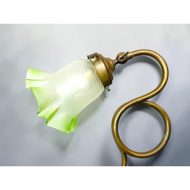Art Nouveau Whiplash Curve Brass Tulip and Green Glass Table Lamp, 1950s For Sale - Image 9 of 14