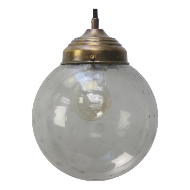 Vintage Dutch Smoked Bubble Glass & Brass Pendant Light For Sale