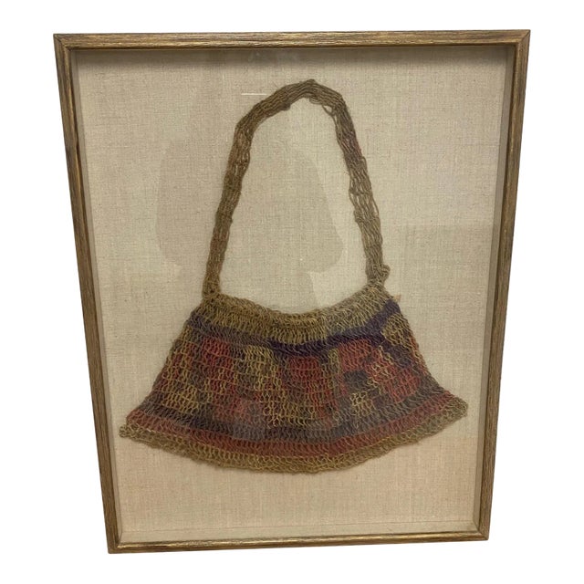 Late 20th Century Framed Authentic Woven Fiber Bilum Bag Sepik River Palembei Village For Sale