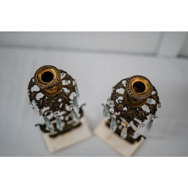 Hollywood Regency 1950s Hollywood Regency Bronze and Crystal Candelabra Pair on Marble Base. For Sale - Image 3 of 8